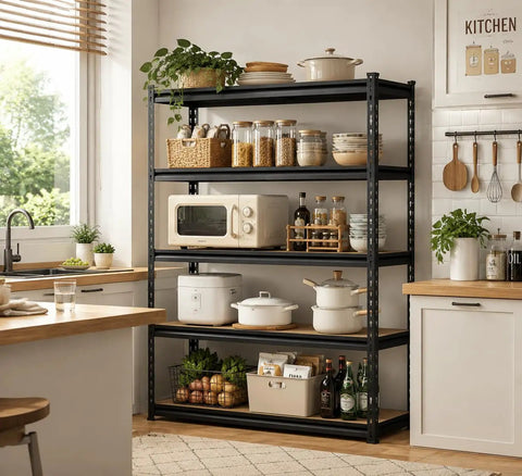 Heavy Duty 5 Tier Adjustable Metal Shelving Unit for Garage and Basement, 2500 lbs Total Capacity Storage Rack with kitchen items