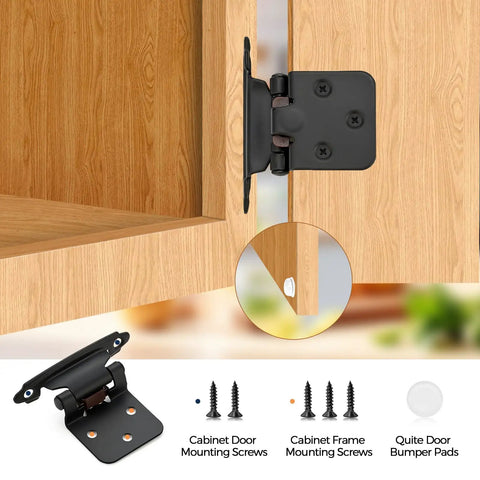 Matte Black Self-Closing Cabinet Hinges for Kitchen Cabinets installed on wood surface with overlay, showing screws and bumpers