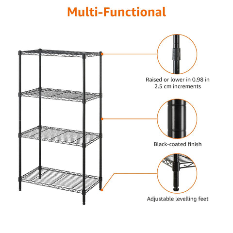 Four-Shelf Steel Wire Garage Storage Shelves Heavy Duty With Adjustable Metal Unit, black wire rack with adjustable leveling feet