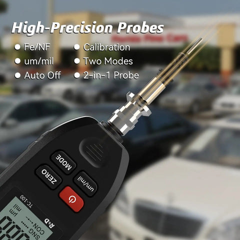 Dual Tech Coating Thickness Gauge For Auto Paint With Auto Detection Of Steel And Aluminum Ferrous And Non Ferrous Substrates Pro Grade Mil Gauge For Car Body Finish Easy To Use DIY Garage Tool, close-up probe