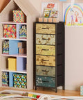 Tall 6-Drawer Dresser With Vintage Style Fabric Bins, Sturdy Metal Frame And Wood Top next to colorful toy shelf in nursery.
