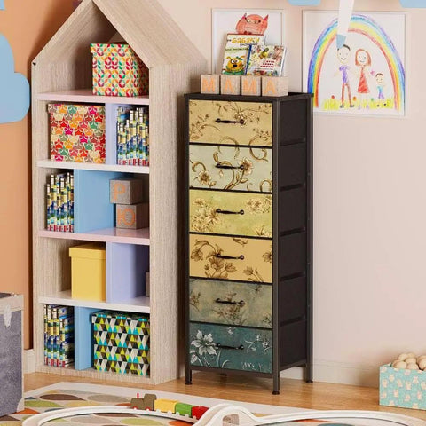 Tall 6-Drawer Dresser With Vintage Style Fabric Bins, Sturdy Metal Frame And Wood Top next to colorful toy shelf in nursery.