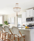 Kitchen with Four Light Wood Beaded Boho Farmhouse Pendant Chandelier With Tassels In White Rustic Bohemia Style for island lighting