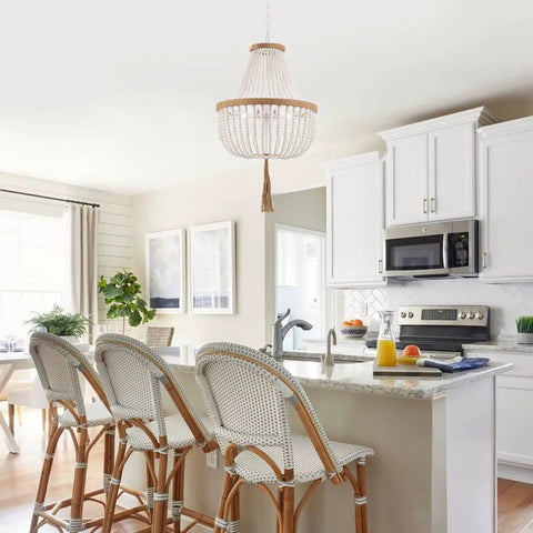 Kitchen with Four Light Wood Beaded Boho Farmhouse Pendant Chandelier With Tassels In White Rustic Bohemia Style for island lighting