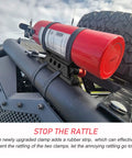 Adjustable Aluminum Quick Release Fire Extinguisher Mount For Roll Bars on Jeep Wrangler, shown installed on roll bar with clamp