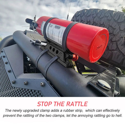 Adjustable Aluminum Quick Release Fire Extinguisher Mount For Roll Bars on Jeep Wrangler, shown installed on roll bar with clamp