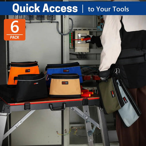 Electrician using 6 Pack Zipper Tool Pouches Set For Small Hand Tools And Hardware on a job site, pouches in various colors.