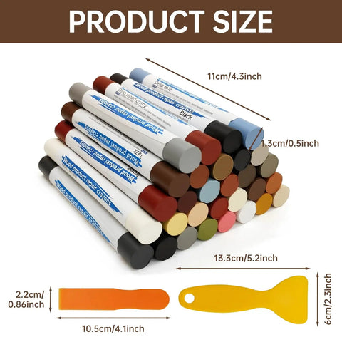 Color Matching Wood Filler Sticks Kit With 30 Assorted Wax Crayons And 2 Scrapers For Furniture Repair product size chart