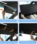 Two-piece black Cybertruck roof sunshade kit for Tesla, heat-insulating and UV-protective interior accessory.