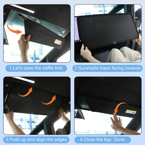 Two-piece black Cybertruck roof sunshade kit for Tesla, heat-insulating and UV-protective interior accessory.