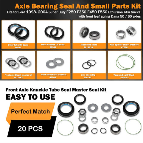Ford Front Dana 50 60 Axle Seal Kit Beefed Up With Outer Dust Seal Inner Tube Seal Snap Ring Needle Bearing Thrust Washer 1998-2005