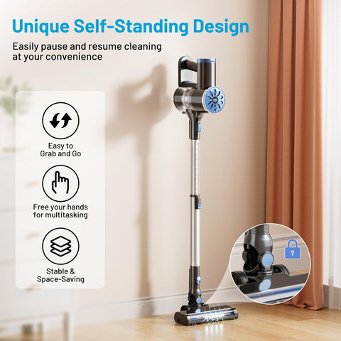Cordless Vacuum Cleaner With Self Standing And LED Screen shown upright against wall, highlighting self-standing feature.