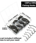 120 Piece EWG Worm Hook Set For Bass Fishing With Extra Wide Gap Offset Hooks, Texas Rig And Carolina Rig Ready in box with sizes shown