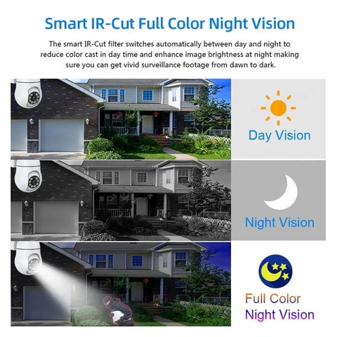 Keep Your Homestead Secure And Sound With This 5MP Wireless PTZ Security Camera Cranking Out Crisp Color Night Vision 40 Meter Infrared Range And Easy Day Or Night Indoor Or Outdoor Tracking Anytime showing day and night vision effectiveness.