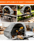 Heavy Duty Miter Saw Dust Hood with 4 Inch Vacuum Port, Oxford Fabric Dust Collector Enclosure installed on saw in workshop