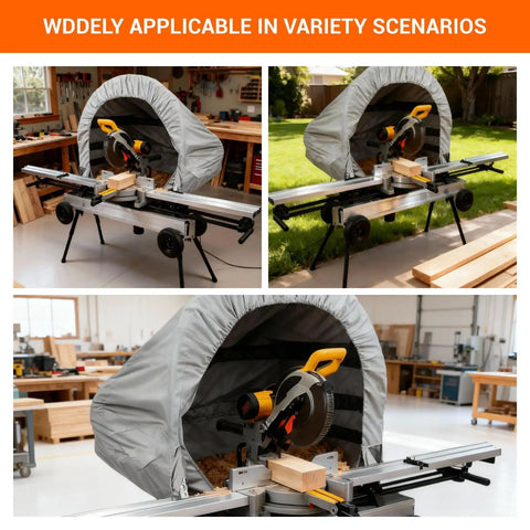 Heavy Duty Miter Saw Dust Hood with 4 Inch Vacuum Port, Oxford Fabric Dust Collector Enclosure installed on saw in workshop
