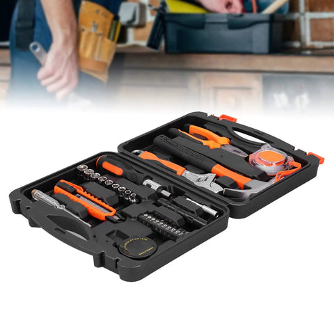 DIY Ready Hardware Toolbox Kit with Durable Alloy Steel Tools open on table, showcasing heavy duty hand tools for home projects.