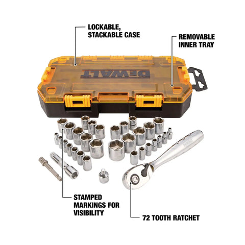 Boss 34 Piece Socket Set With Quarter Inch And Three Eighth Inch Drives In Locking Stackable Case With Removable Inner Tray