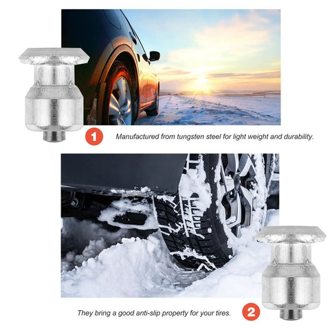 Beefy Heavy Duty Spiral Screw Tire Studs Black Ice Crushing Spike Set 50 Count Premium Tungsten Steel anti-slip tire grip on snowy road.