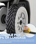 Silicone Luggage Wheel Covers 8 Pack Noise Reducing Shock Absorbing Wheel Protectors installed on suitcase wheels.