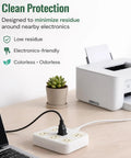 Power strip next to a printer, featuring Nine Pack Heat Activated Fire Suppression Patches For Outlets, Power Strips, And Electrical Devices.