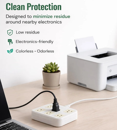 Power strip next to a printer, featuring Nine Pack Heat Activated Fire Suppression Patches For Outlets, Power Strips, And Electrical Devices.