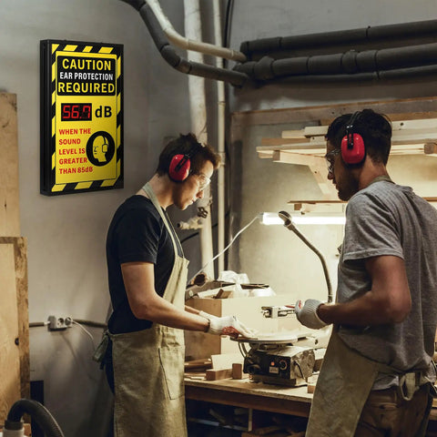 12 By 20 Inch Real Time Decibel Meter Sign With OSHA Caution Ear Protection Required, Wall Mount Aluminum Db Meter, Digital Display Of Current Noise Levels For Quick Safety Notice And Clear Workplace Communication, shown in workshop