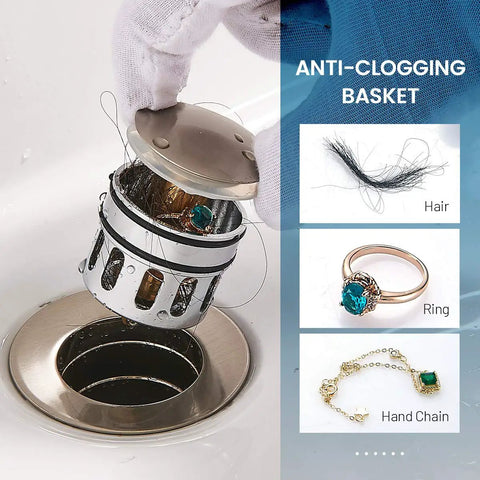 Vessel Sink Drain Pop Up Stopper With Built In Anti Clogging Strainer Brushed Nickel Finish Overflow Ready demonstration with trapped debris