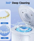 Ultrasonic Denture Cleaner Pod 45kHz With Digital Timer 200ml 4 Modes For Dentures Aligners Night Guards Mouth Guards Toothbrushes And Jewelry Pro Grade Deep Clean For All Dental Appliances showing 360° deep cleaning before and after