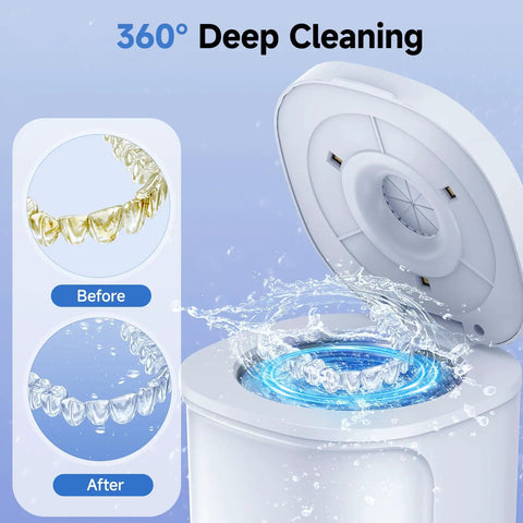 Ultrasonic Denture Cleaner Pod 45kHz With Digital Timer 200ml 4 Modes For Dentures Aligners Night Guards Mouth Guards Toothbrushes And Jewelry Pro Grade Deep Clean For All Dental Appliances showing 360° deep cleaning before and after