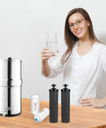 Replacement Filter Kit For Gravity Water Filter System With 2 Black Carbon Filters And 2 Fluoride Filters, woman holding glass