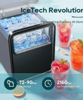 Countertop Ice Maker With 1.5L Water Tank Delivers Bullet Ice In 6 Minutes Turbo Fast Two Ice Sizes Self Cleaning Portable For Home Kitchen Parties Camping RV Includes Basket And Scoop displaying ice cubes and drinks