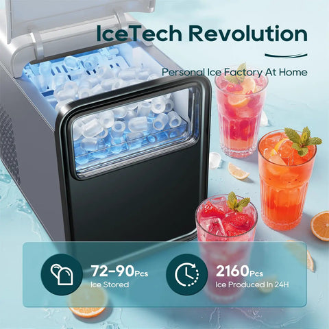 Countertop Ice Maker With 1.5L Water Tank Delivers Bullet Ice In 6 Minutes Turbo Fast Two Ice Sizes Self Cleaning Portable For Home Kitchen Parties Camping RV Includes Basket And Scoop displaying ice cubes and drinks
