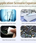Image depicting applications of Top Shelf Four Inch Cleanroom Wipes Lint Free Microfiber Cloths for cleaning labs and equipment.