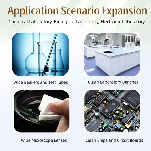 Image depicting applications of Top Shelf Four Inch Cleanroom Wipes Lint Free Microfiber Cloths for cleaning labs and equipment.