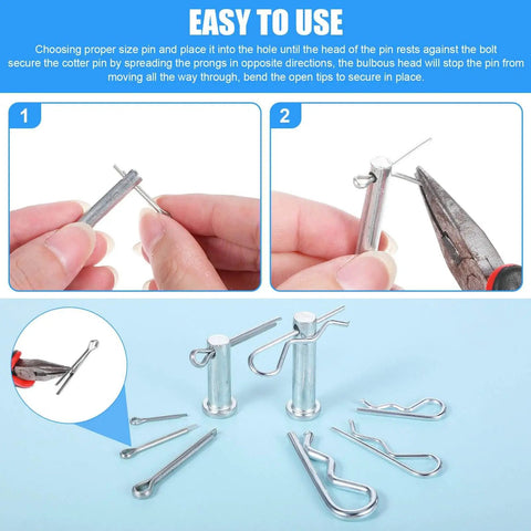 Instructional guide showing how to use a 122 Piece Cotter Pin Clevis Pin R Clip Kit With Zinc Plated Hair Pin Assortment For Trailer Latch.