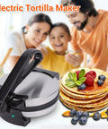 Perfect Nonstick Electric Tortilla Maker With Large 20.5 Cm Heating Area For Homemade Flatbreads And Quesadillas Features Auto Temperature Control Making Family Meals Easy Peasy With Us Plug Included, shown with stacked pancakes.