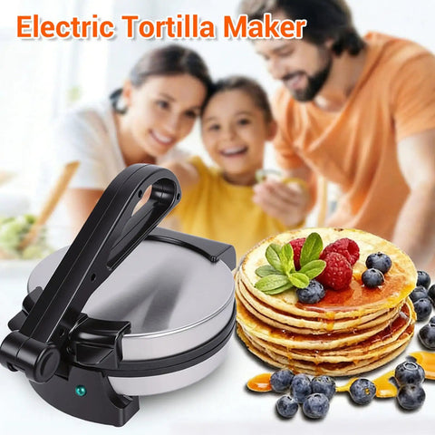 Perfect Nonstick Electric Tortilla Maker With Large 20.5 Cm Heating Area For Homemade Flatbreads And Quesadillas Features Auto Temperature Control Making Family Meals Easy Peasy With Us Plug Included, shown with stacked pancakes.