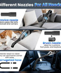 Cordless Handheld Vacuum Cleaner With 11000Pa Suction Beast Ultra Light One Point Four Pound Portable Vacuum For Car And Home Rechargeable Includes 2 Filters And Multiple Nozzles For Pet Hair Dust Crumbs Cleanup One Hand Easy Cleaning showing different nozzles for sofa and car cleaning.