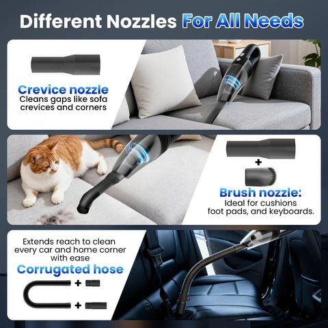 Cordless Handheld Vacuum Cleaner With 11000Pa Suction Beast Ultra Light One Point Four Pound Portable Vacuum For Car And Home Rechargeable Includes 2 Filters And Multiple Nozzles For Pet Hair Dust Crumbs Cleanup One Hand Easy Cleaning showing different nozzles for sofa and car cleaning.