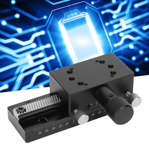 Linear Stage Aluminum Alloy Precision Sliding Platform for Optical Instruments and Measuring Devices, Silent Dovetail Travel Stage HC30 A80, Pro Grade Build for Semiconductor Manufacturing and Industrial Equipment. black aluminum linear stage with manual knob and scale