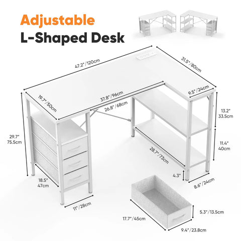 Diagram of White L Shaped Desk With Shelf Drawers 47 Inch Corner Computer Desk For Gaming And Study With Power Outlet And Adjustable Shelves