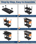Step-by-step assembly of Beefy Five Tier Rolling Tool Cart On Wheels With 400 Lbs Capacity, showing installation of parts.