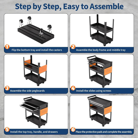 Step-by-step assembly of Beefy Five Tier Rolling Tool Cart On Wheels With 400 Lbs Capacity, showing installation of parts.