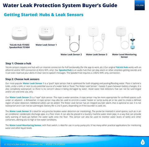 Smart Home Starter Kit With Hub And Three Water Leak Sensors, LoRa Range Up To One Quarter Mile Open Air, user guide displayed