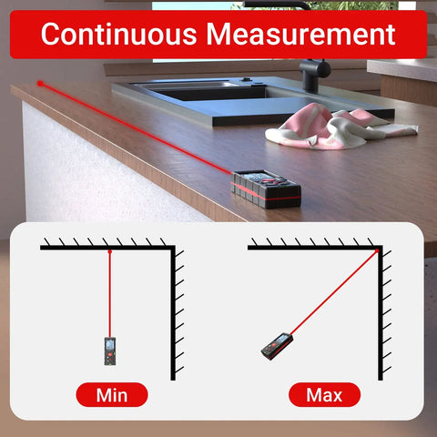 Pro Grade Digital Laser Measuring Tool With 328 Feet Range measuring kitchen countertop, displays continuous measurement function.