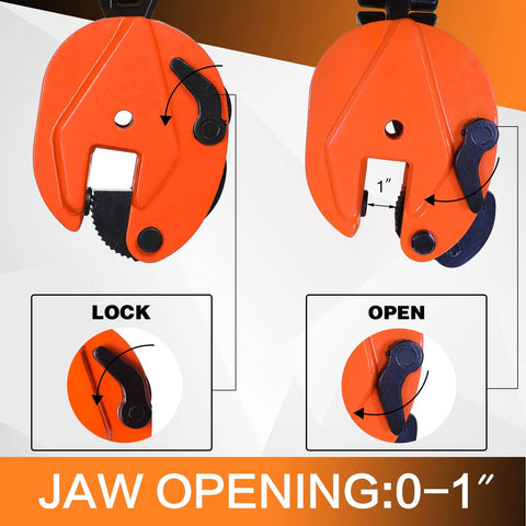 YATOINTO plate lifting clamp, orange steel front view, 0.6 in jaw opening for lifting plates.