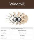Sixty Inch Damp Rated Ceiling Fan With A Badass Fifteen Blade Wagon Wheel Design Efficient DC Motor Weathered Oak Blades Textured Black Finish And A Slick Remote For Any Room Or Covered Patio Setup, featuring a windmill style.