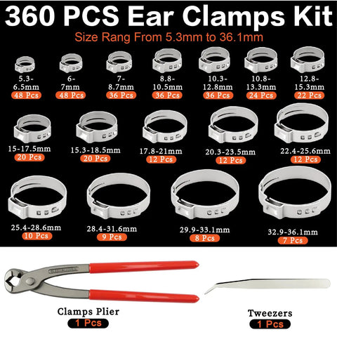 Awesome Ear Hose Clamp Kit With Cool Tools For Quick Fixes And Tough Jobs To Keep Your Car Engine Running Smooth And Safe All The Way Down The Road Today 360 pcs sizes 5.3-36.1mm with plier and tweezers