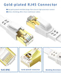 Cat8 Ethernet Cable 25 Ft Flat Outdoor Indoor High Speed 2000MHz 40Gbps Gold Plated RJ45 Weatherproof UV Resistant for Gaming Router Modem and Network Gear showing gold-plated RJ45 connectors.